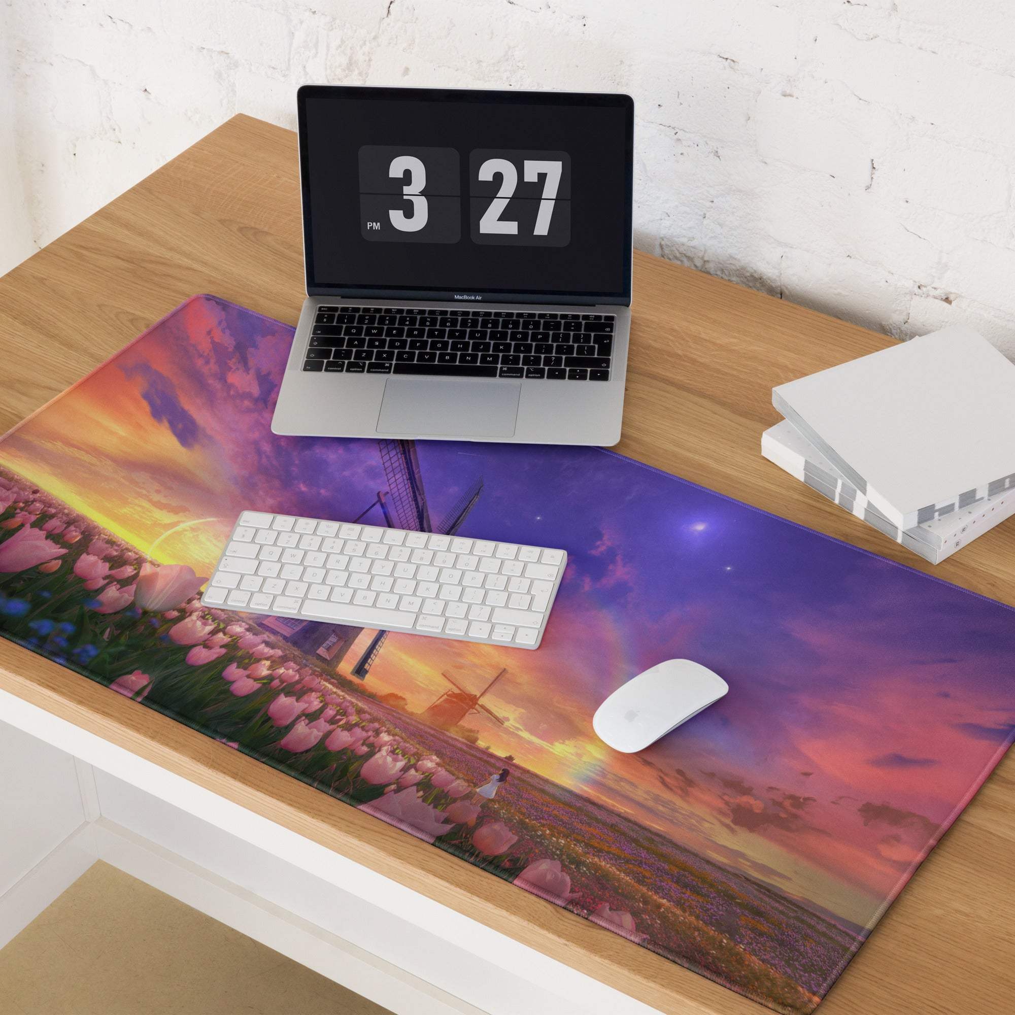 Dreamy sunset windmill field with pink tulips large gaming mouse pad
