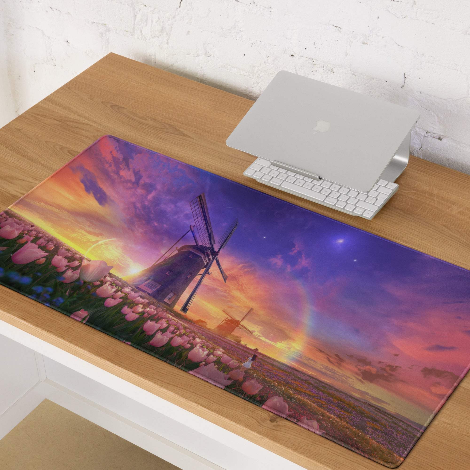 Vibrant anime windmill field mousepad with pink tulips and rainbow sunset