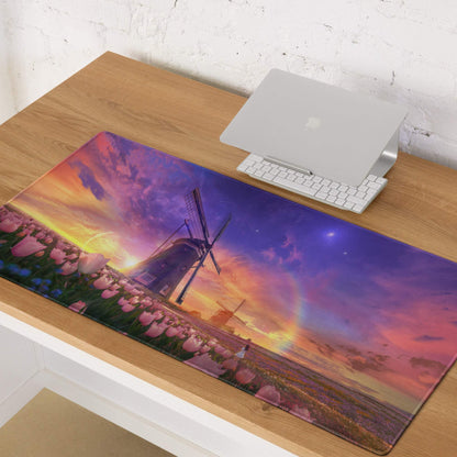 Vibrant anime windmill field mousepad with pink tulips and rainbow sunset