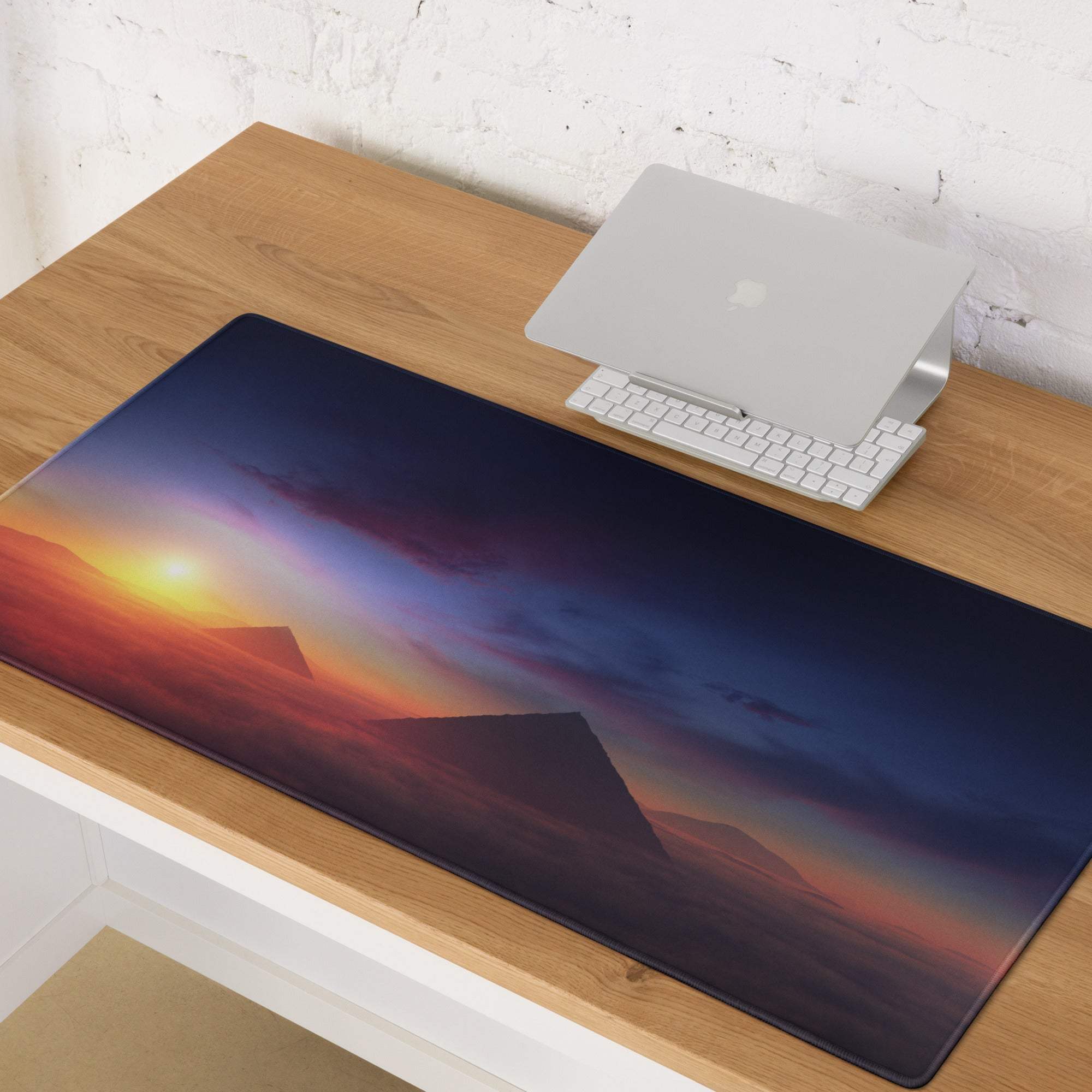 Epic Sunrise Landscape gaming mouse pad with vibrant sunset mountains, large non-slip