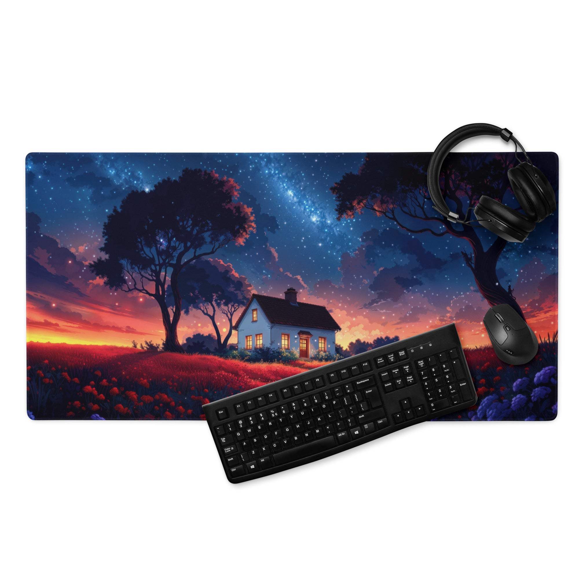 Dreamy Night Sky Cottage gaming mouse pad with large size and non-slip base