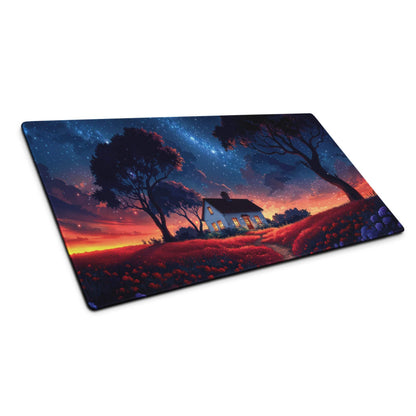 Dreamy night sky cottage mouse pad with red flowers, starry twilight sky