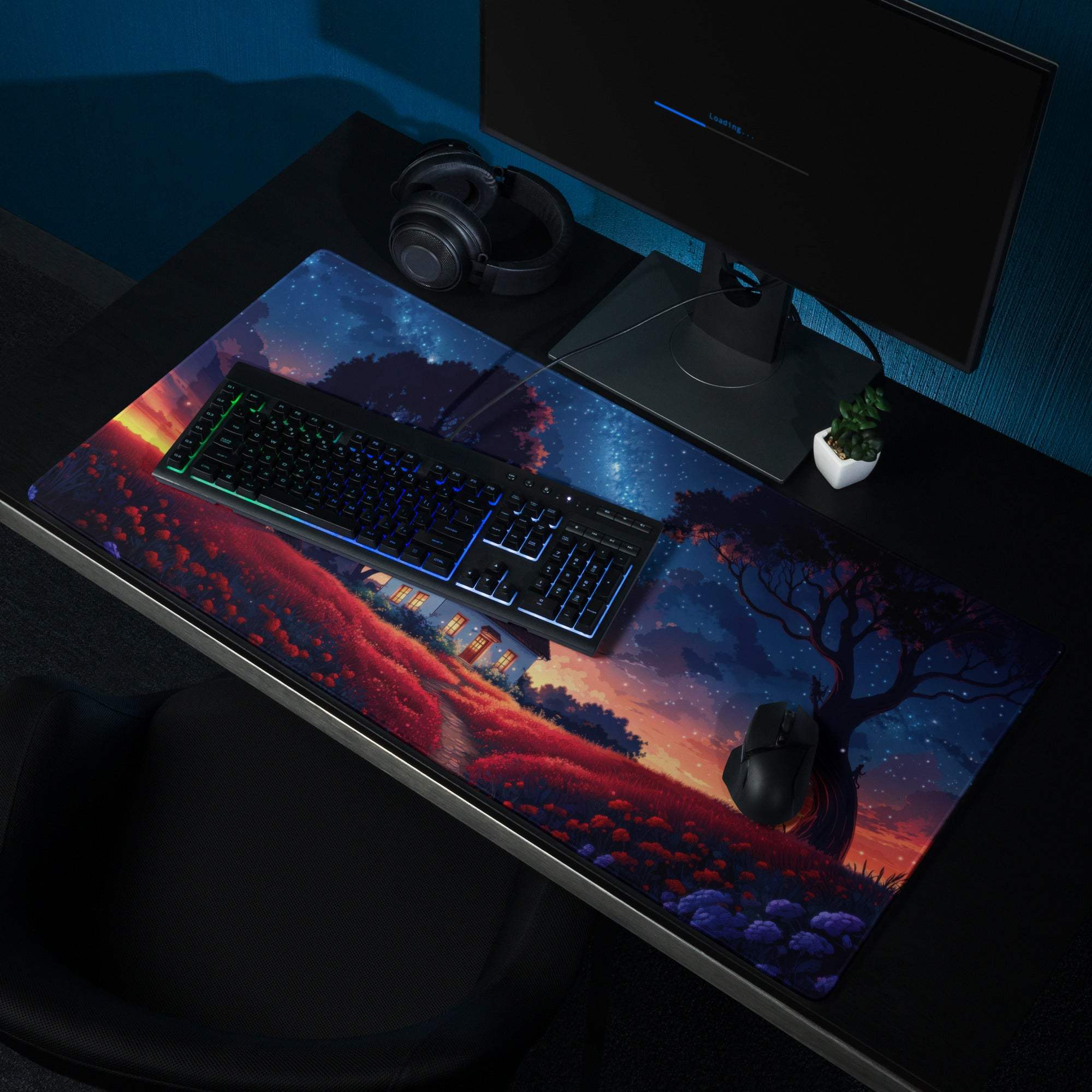Dreamy night sky cottage gaming mouse pad with starry landscape