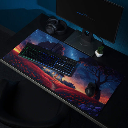 Dreamy night sky cottage gaming mouse pad with starry landscape