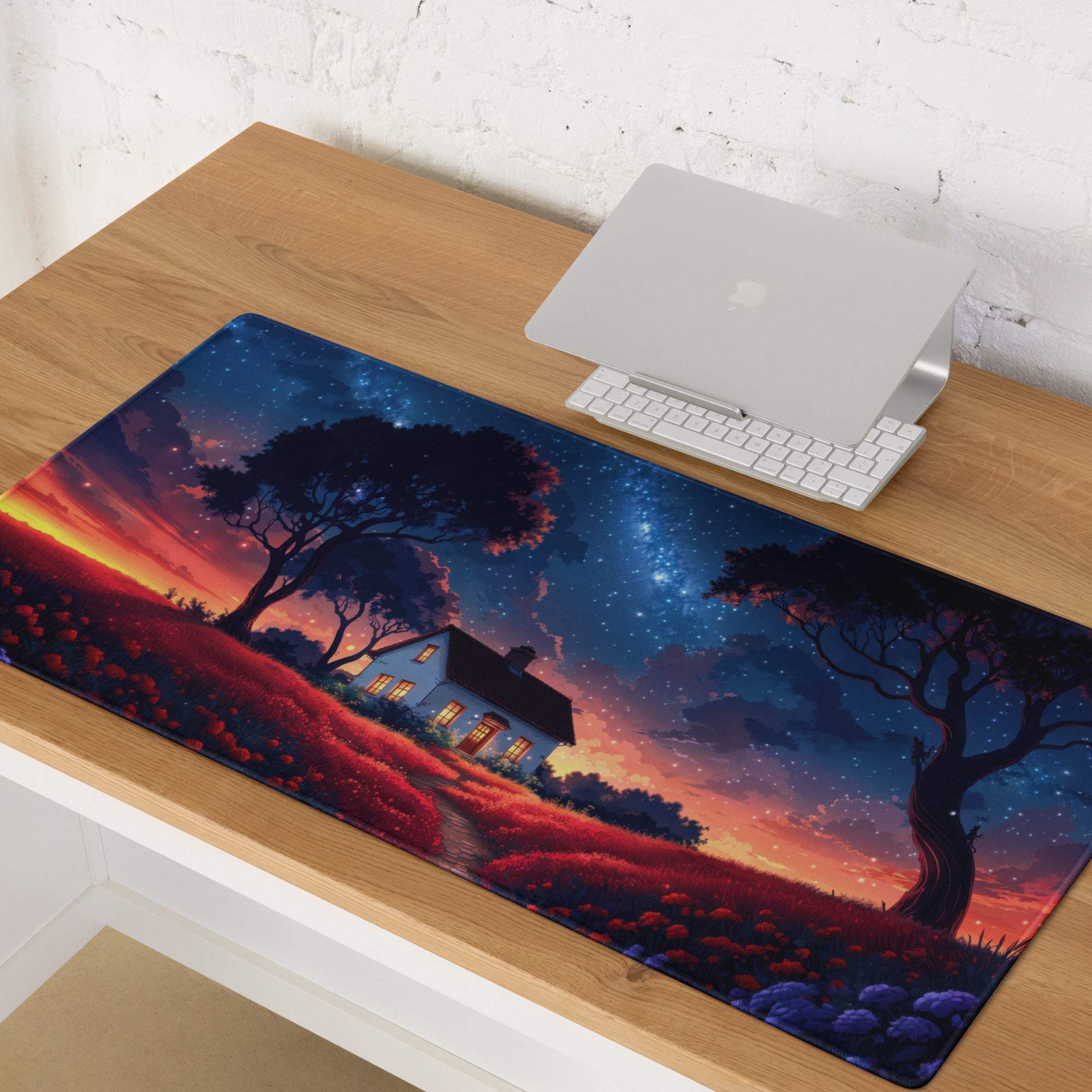 Dreamy night sky cottage gaming mouse pad with red fields and stars