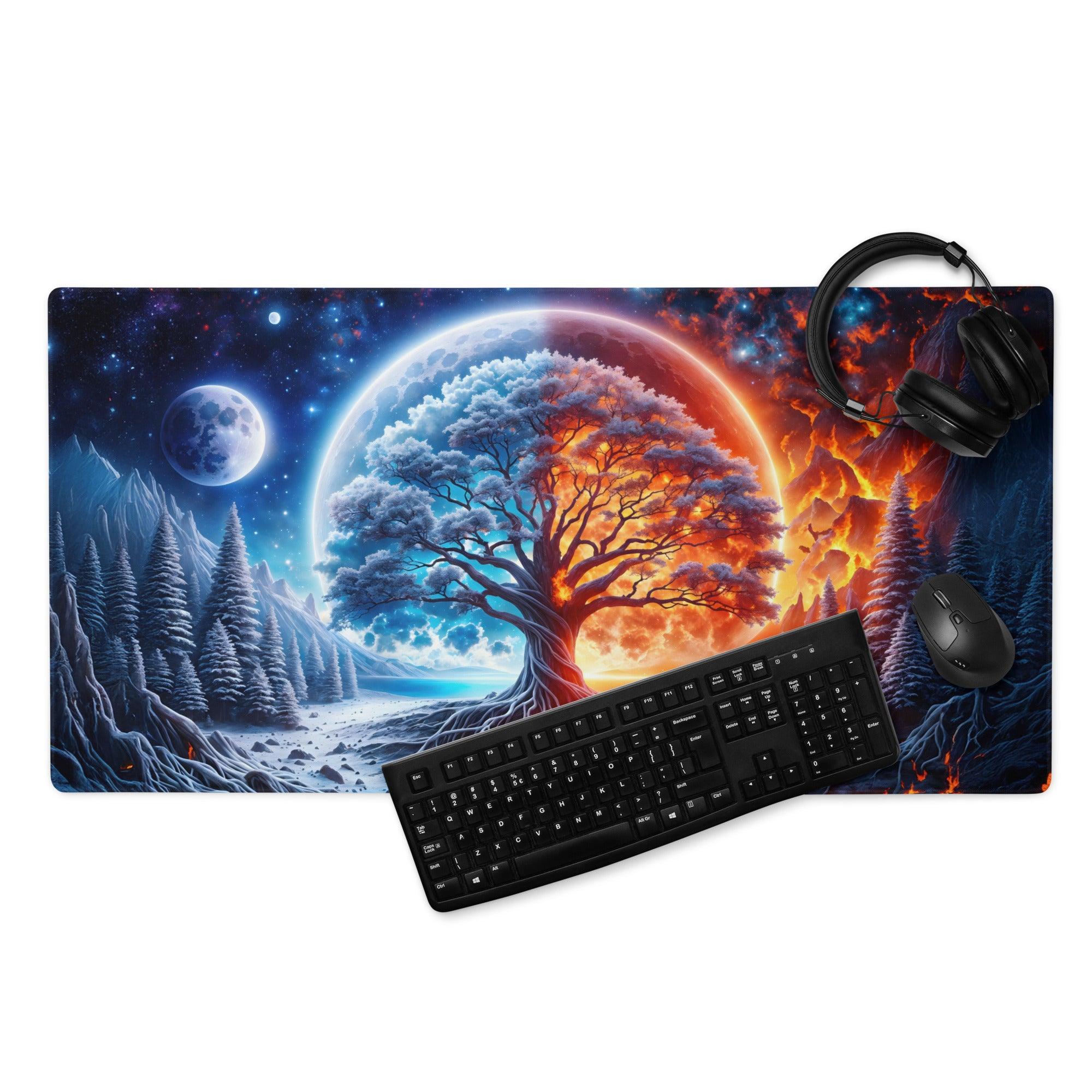 Vibrant fantasy tree of life gaming mouse pad with ice fire palette