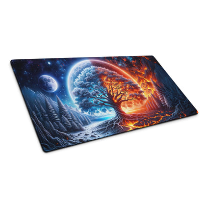 Vibrant ice and fire tree of life gaming mouse pad with starry sky
