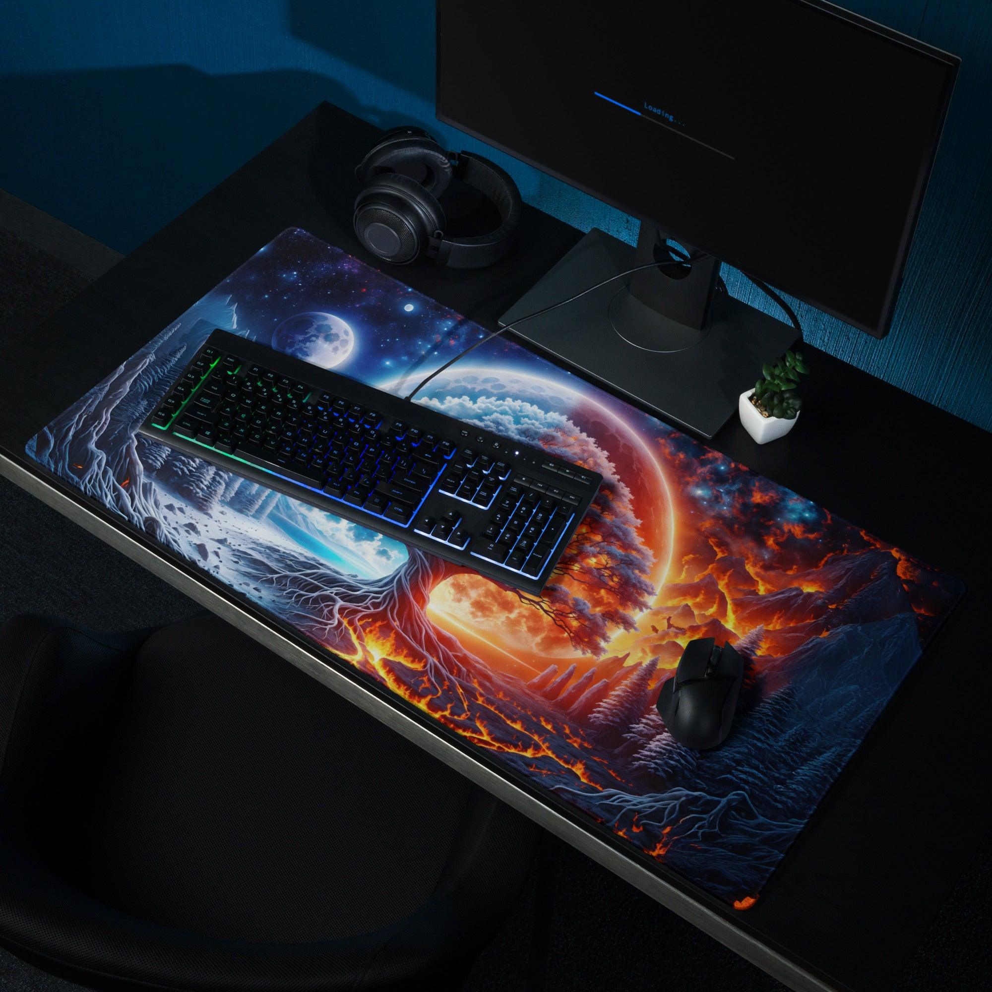 Vibrant cosmic Tree of Life gaming mousepad with galaxies, nebulae, ice-fire palette