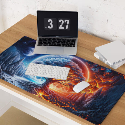 Vibrant fantasy tree of life gaming mouse pad with ice and fire landscapes