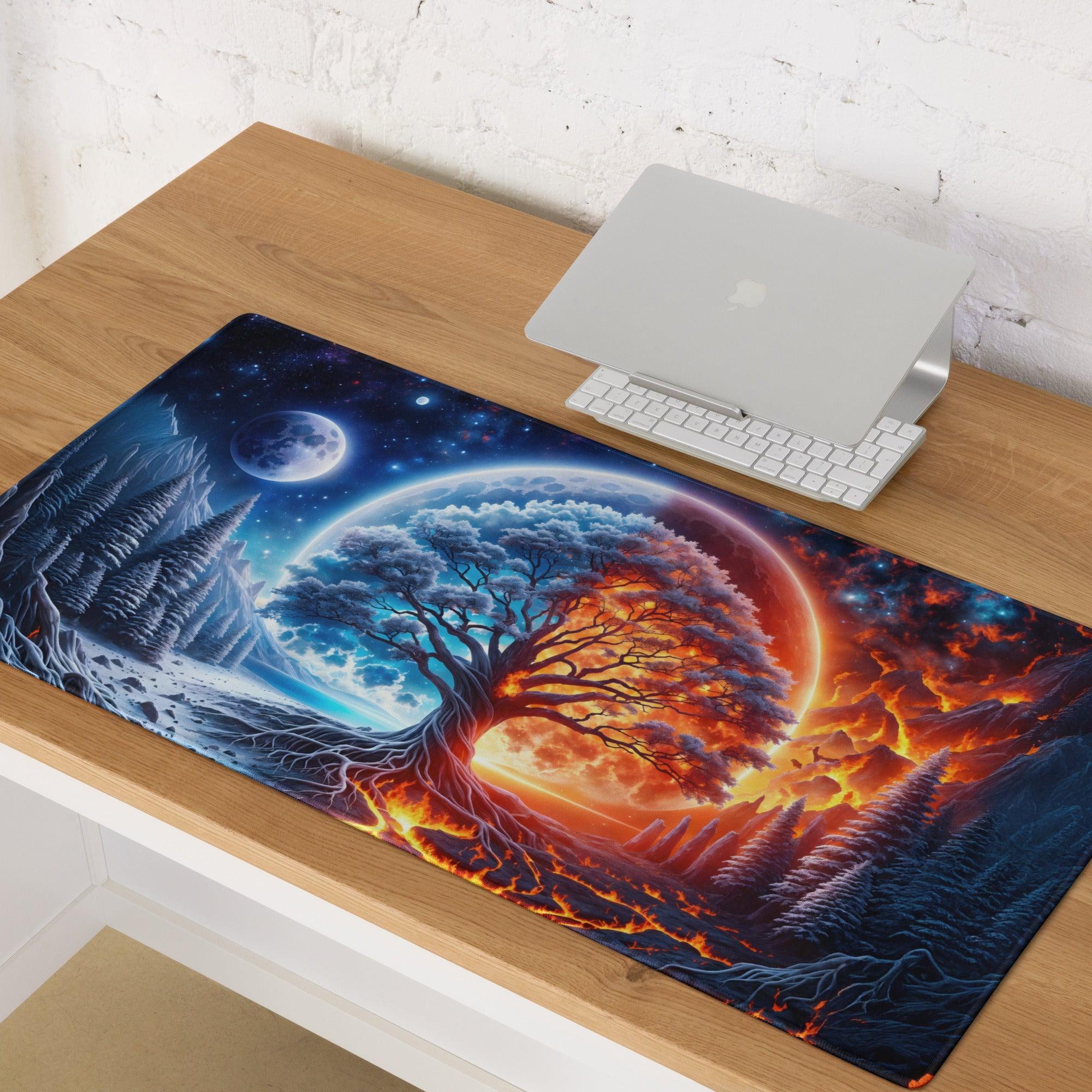 Vibrant fantasy tree of life gaming mouse pad with ice fire palette