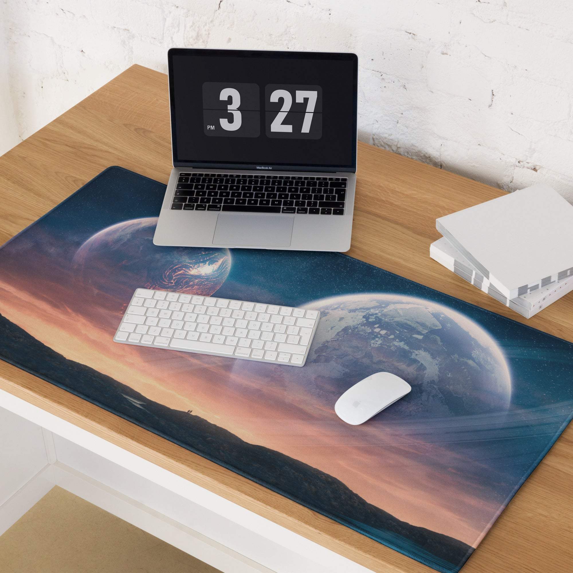 Cosmic planets gaming mouse pad with Earth, starry sky, and edge stitching