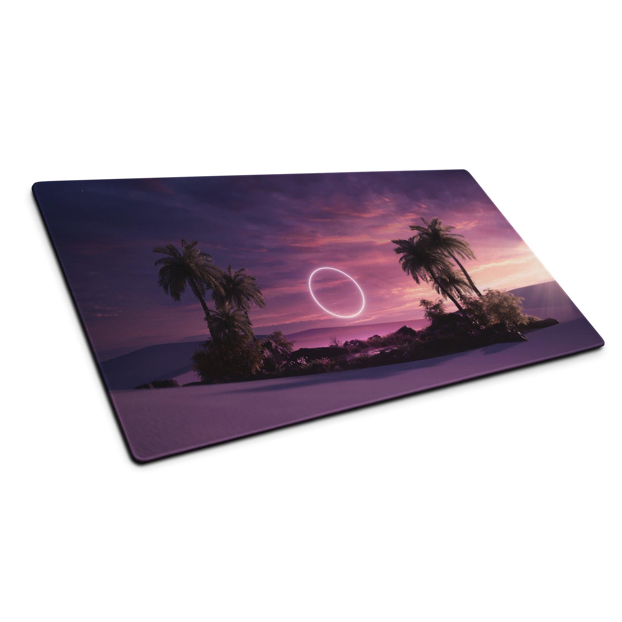 Purple pink sunset palm tree mouse pad with non-slip backing