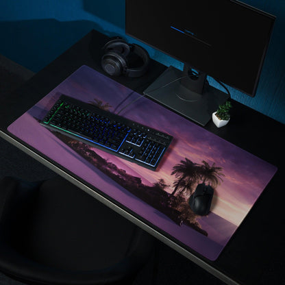 Dreamy purple sunset palm tree gaming mouse pad with edge stitching
