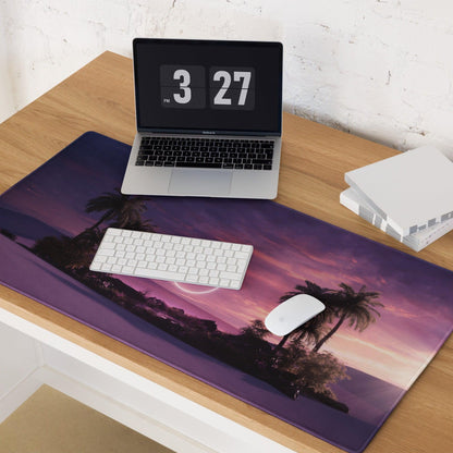 Dreamy purple sunset palm tree gaming mouse pad with edge stitching