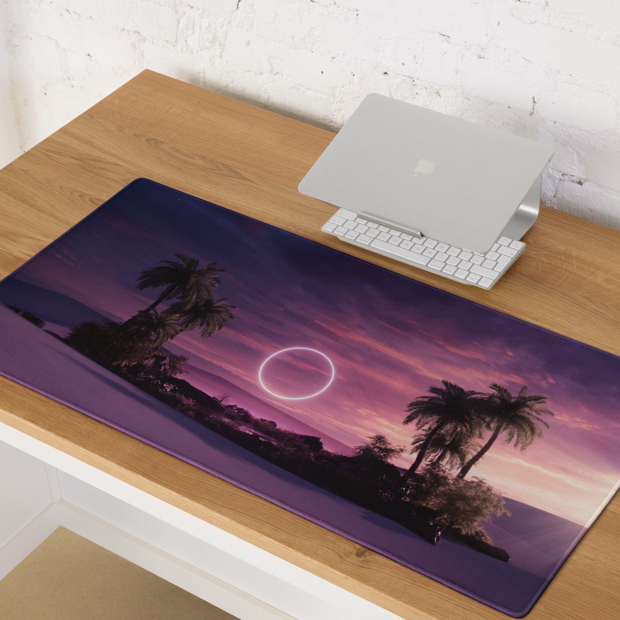 Purple sunset palm tree gaming mouse pad with edge stitching and non-slip backing