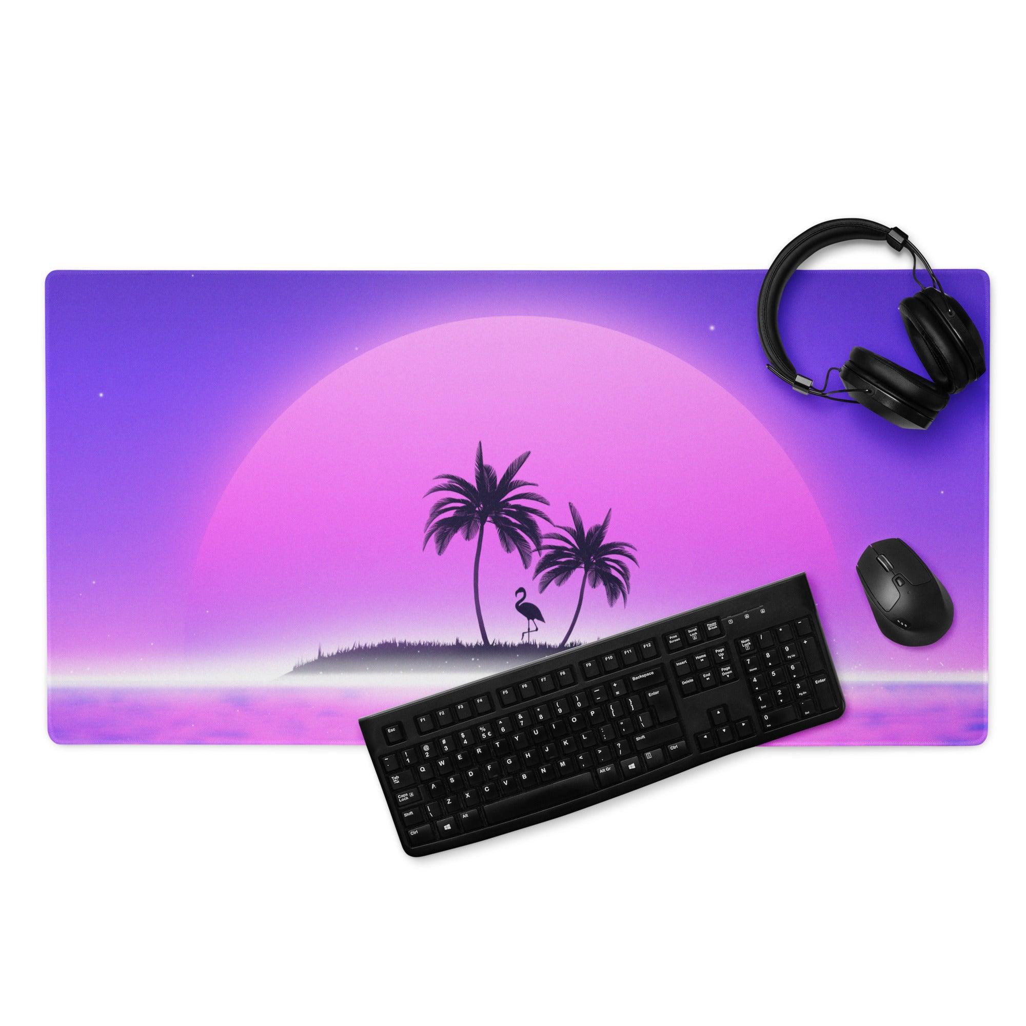 Purple pink gradient gaming mousepad with retro sunset palm trees flamingo large non-slip stitched edges
