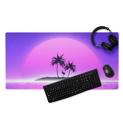 Purple pink gradient gaming mousepad with retro sunset palm trees flamingo large non-slip stitched edges