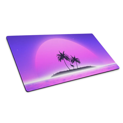 Purple pink gradient glass cutting board with neon sunset island palm trees flamingo moon mouse pad