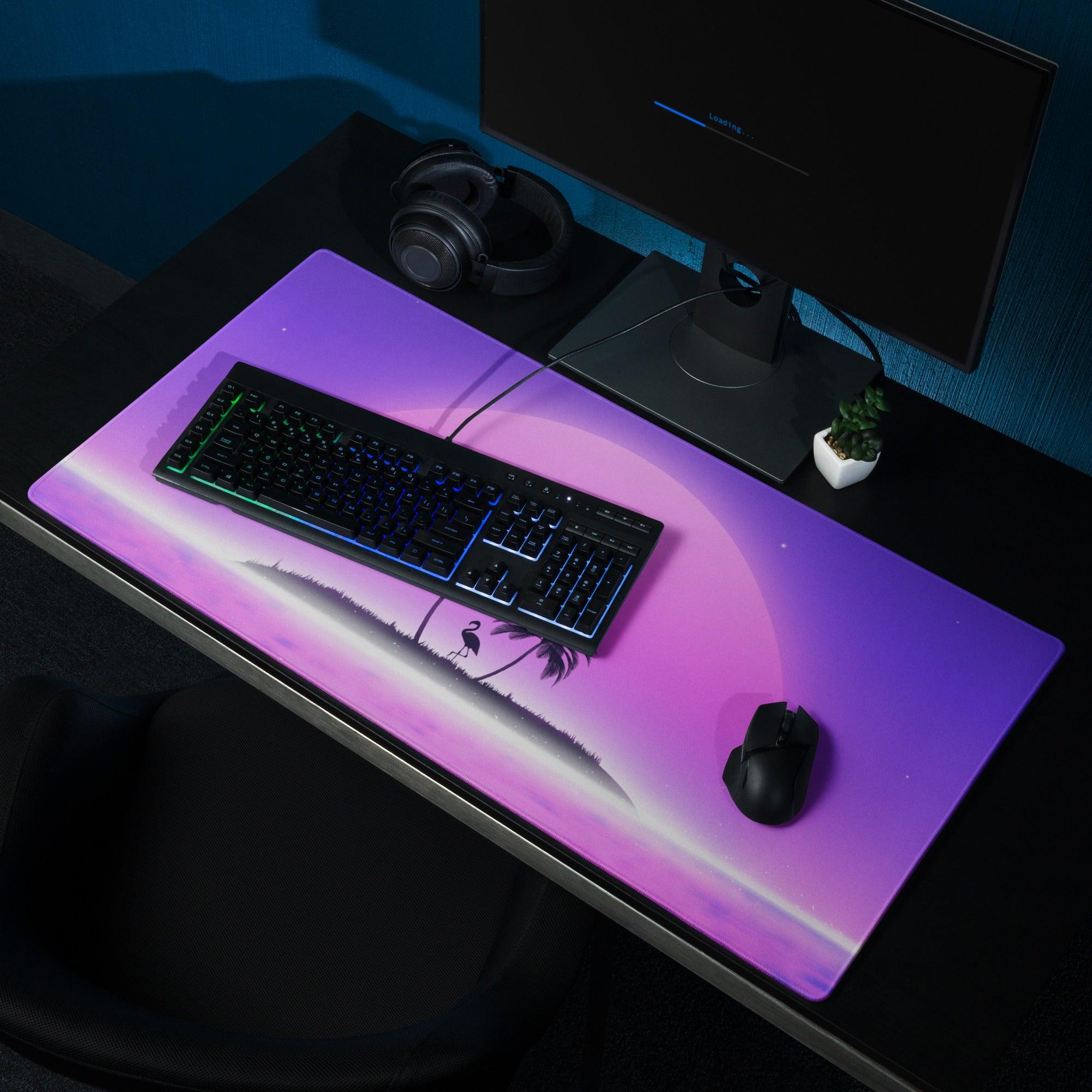Purple pink gradient tropical sunset gaming mouse pad with palm trees flamingos