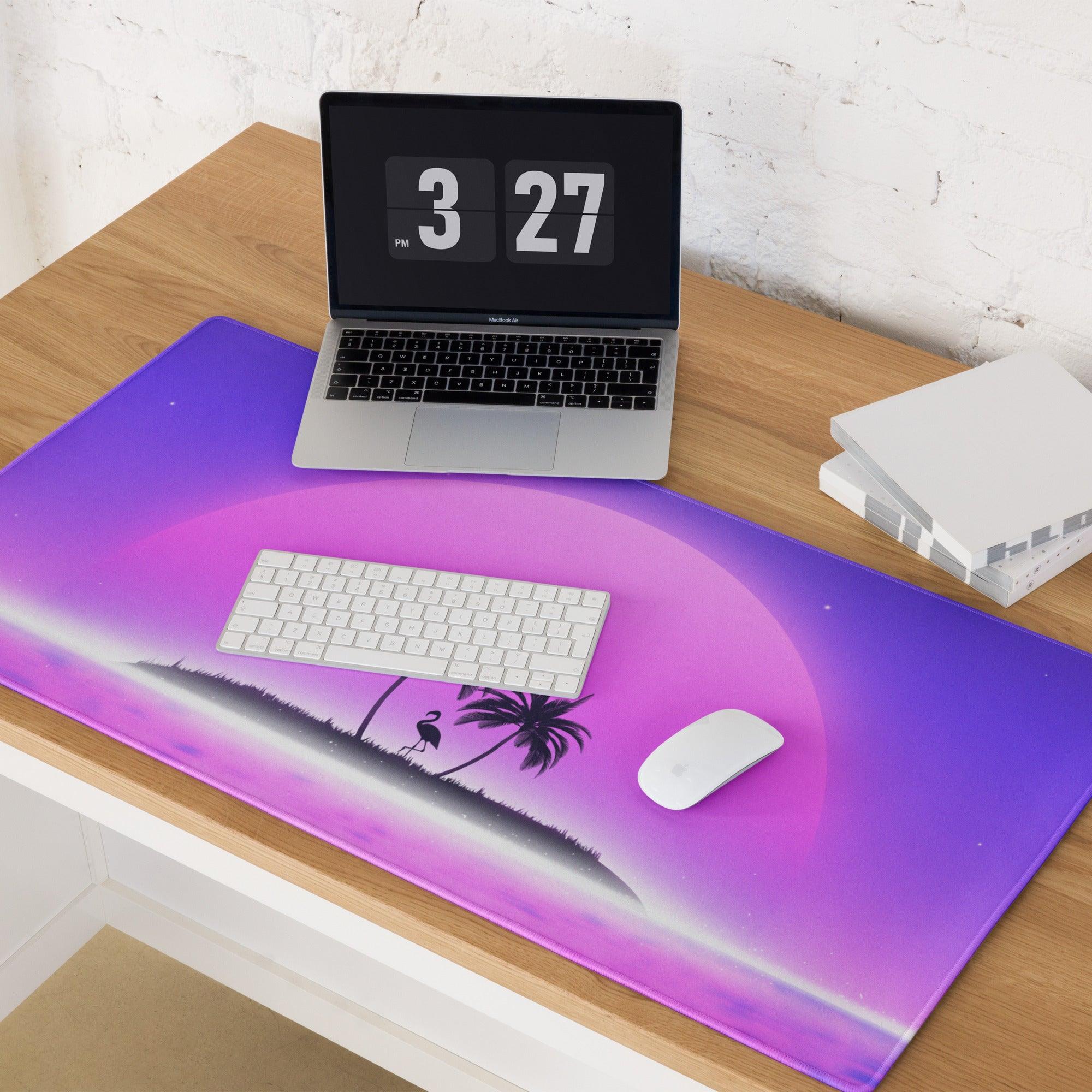 Purple gradient tropical sunset gaming mouse pad with palm trees, flamingo, non-slip backing