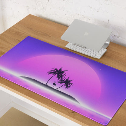 Large Neon Sunset Island gaming mouse pad with purple-pink gradient, palm trees, flamingo sunset