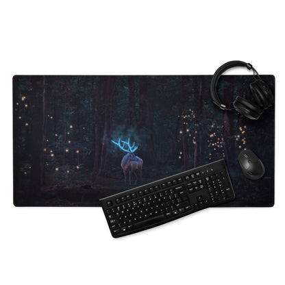 Mystical forest gaming mouse pad with glowing blue deer and fireflies
