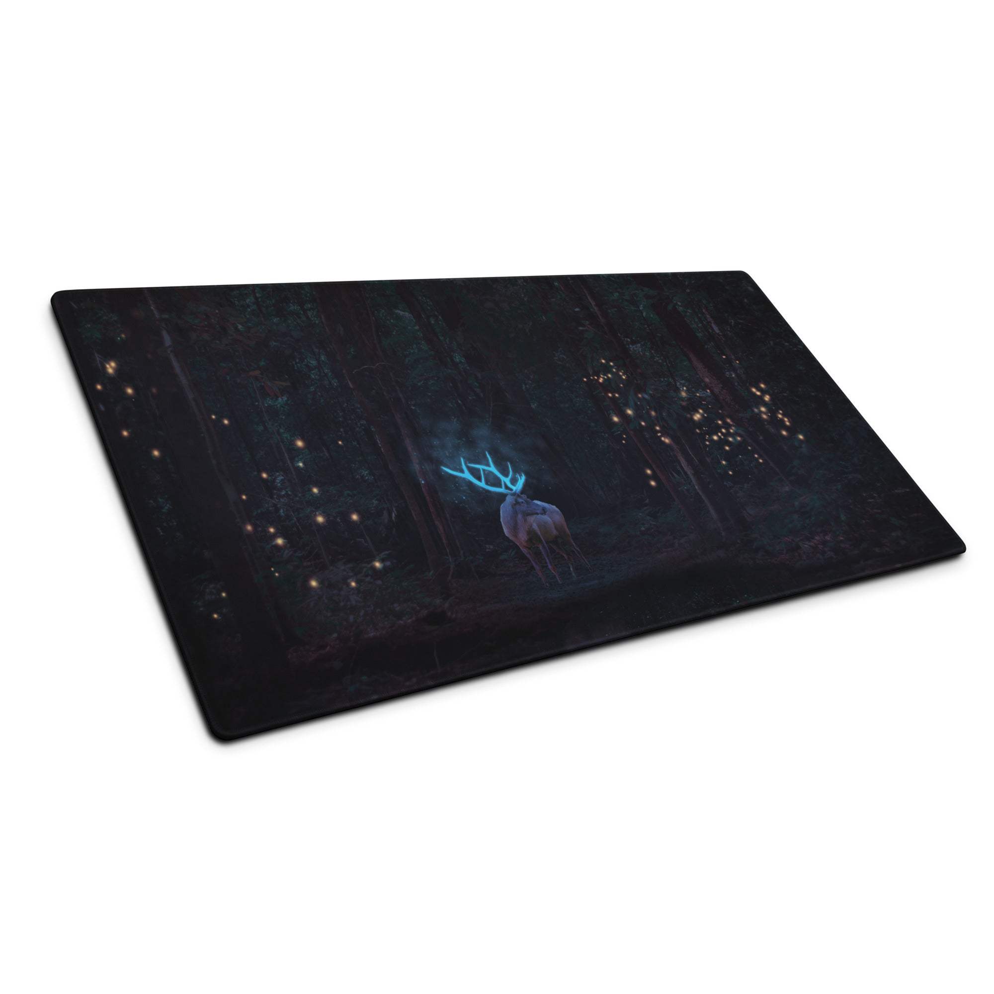 Mystical forest night gaming mousepad with glowing blue deer and fireflies