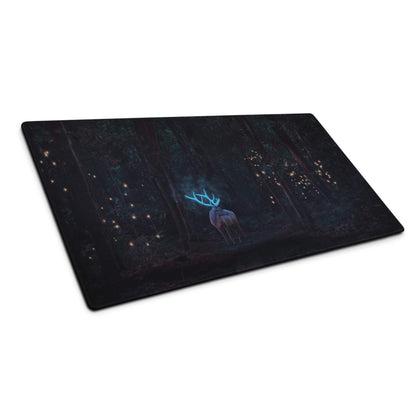 Mystical forest night gaming mousepad with glowing blue deer and fireflies