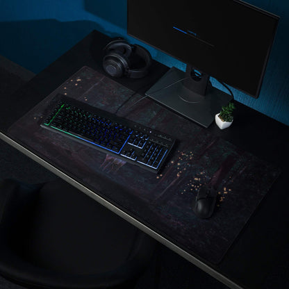 Black cosmic galaxy gaming mousepad with glowing stars and edge stitching