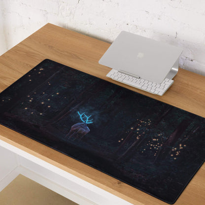 Mystical forest night gaming mouse pad with glowing blue deer and fireflies