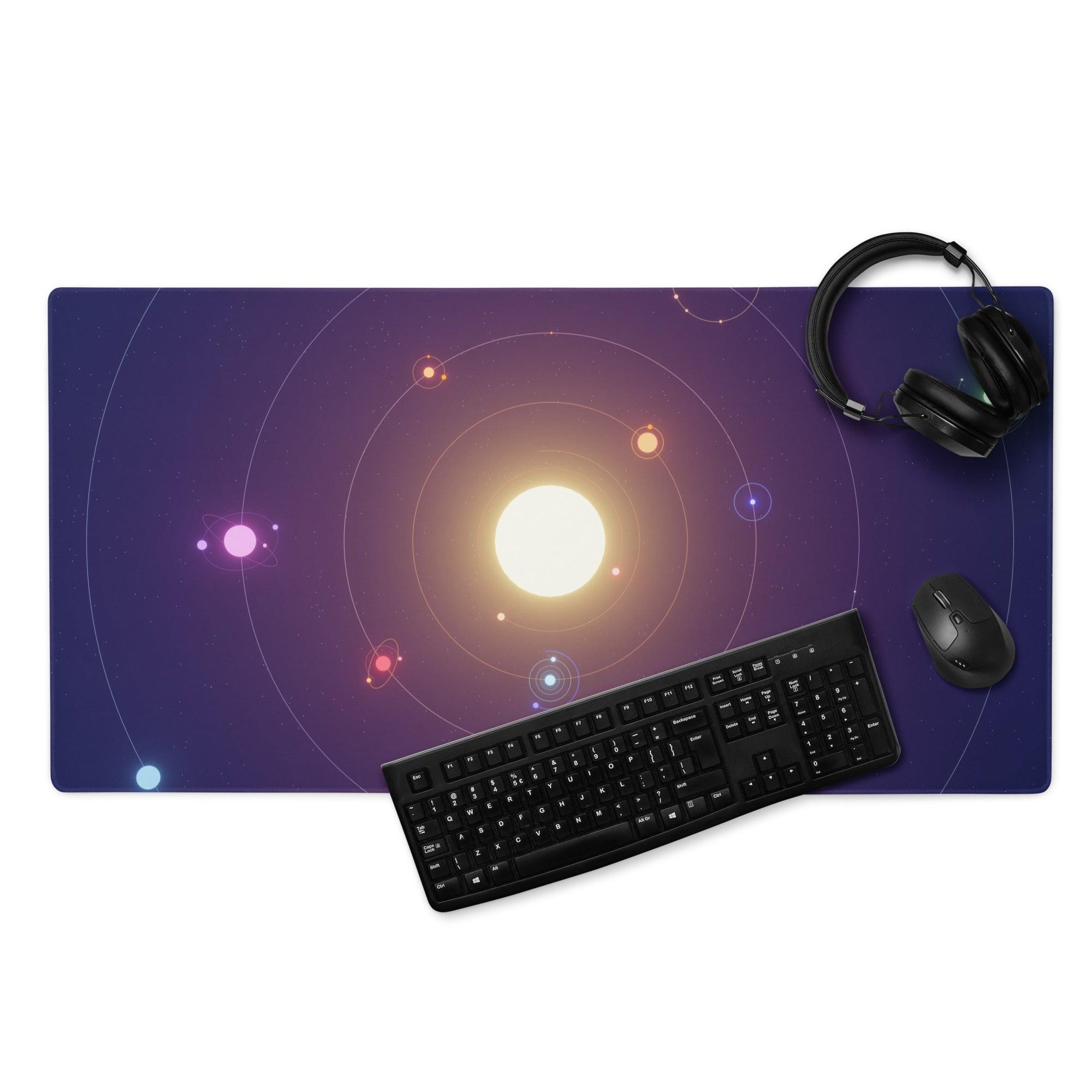 Cosmic Orbit large gaming mousepad with purple solar system design