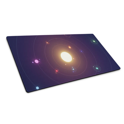 Dark purple cosmic cutting board with glowing planets, orbits, sun