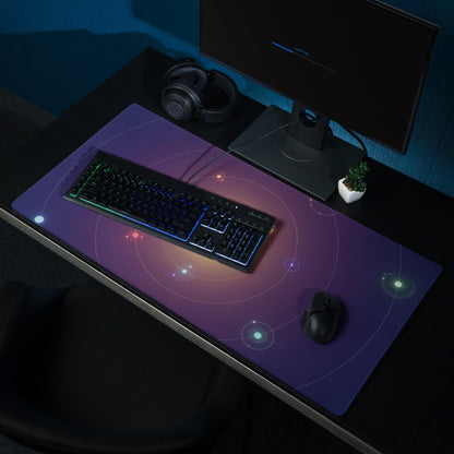 Purple galaxy gaming mousepad with glowing LED patterns and non-slip base
