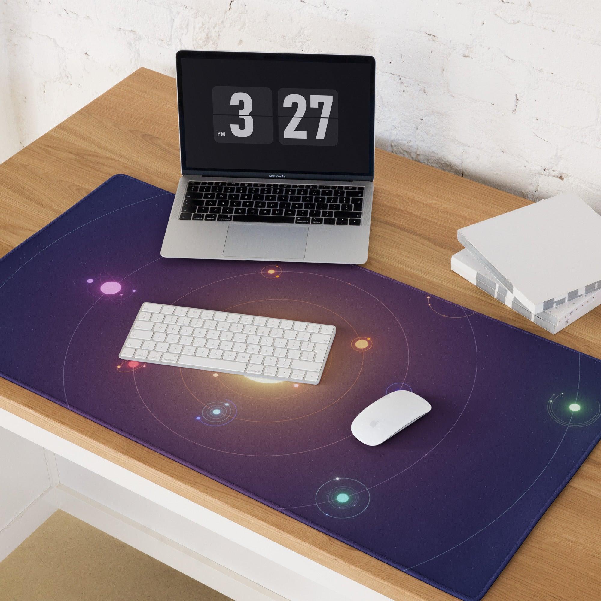 Purple cosmic gaming mousepad with glowing planets and orbital lines