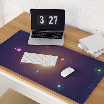 Purple cosmic gaming mousepad with glowing planets and orbital lines