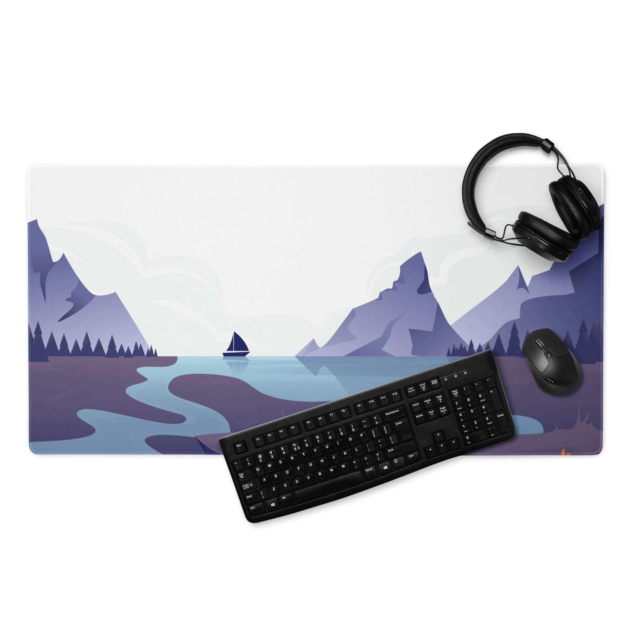 Calm minimalist majestic mountain lake gaming mouse pad in cool blue dusk tones