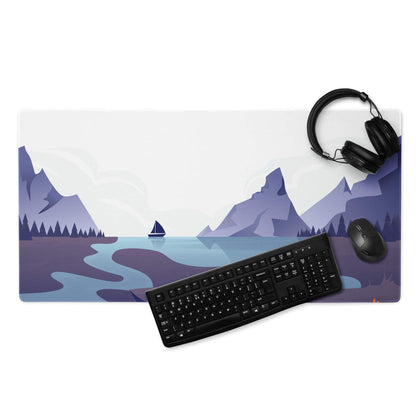 Calm minimalist majestic mountain lake gaming mouse pad in cool blue dusk tones