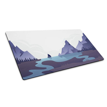 Calm minimalist majestic mountain lake glass cutting board in cool blue dusk tones