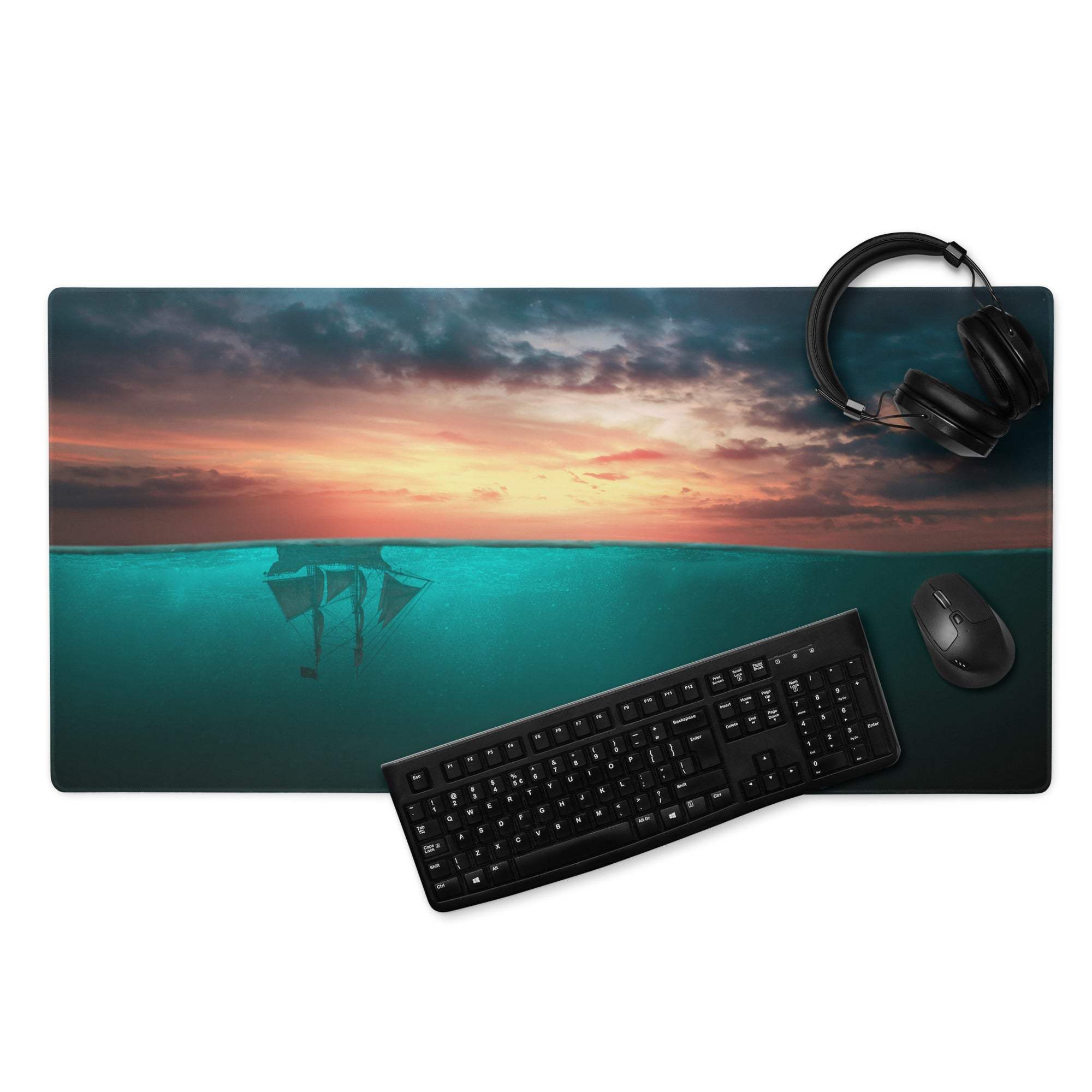 Epic Ocean Sunset Underwater Ship gaming mouse pad with teal stitching