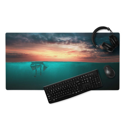 Epic Ocean Sunset Underwater Ship gaming mouse pad with teal stitching