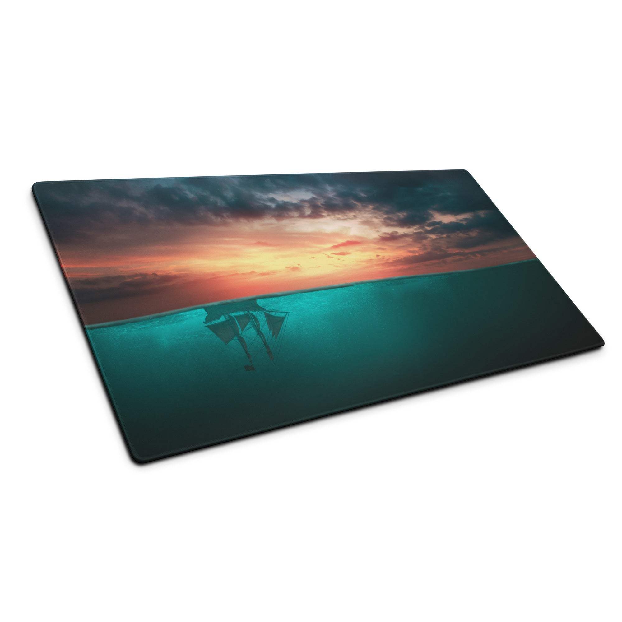 Rectangular cutting board with epic ocean sunset silhouette and teal stitching