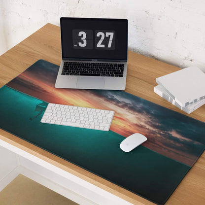 Epic Ocean Sunset mouse pad with teal stitching and lone horizon figure