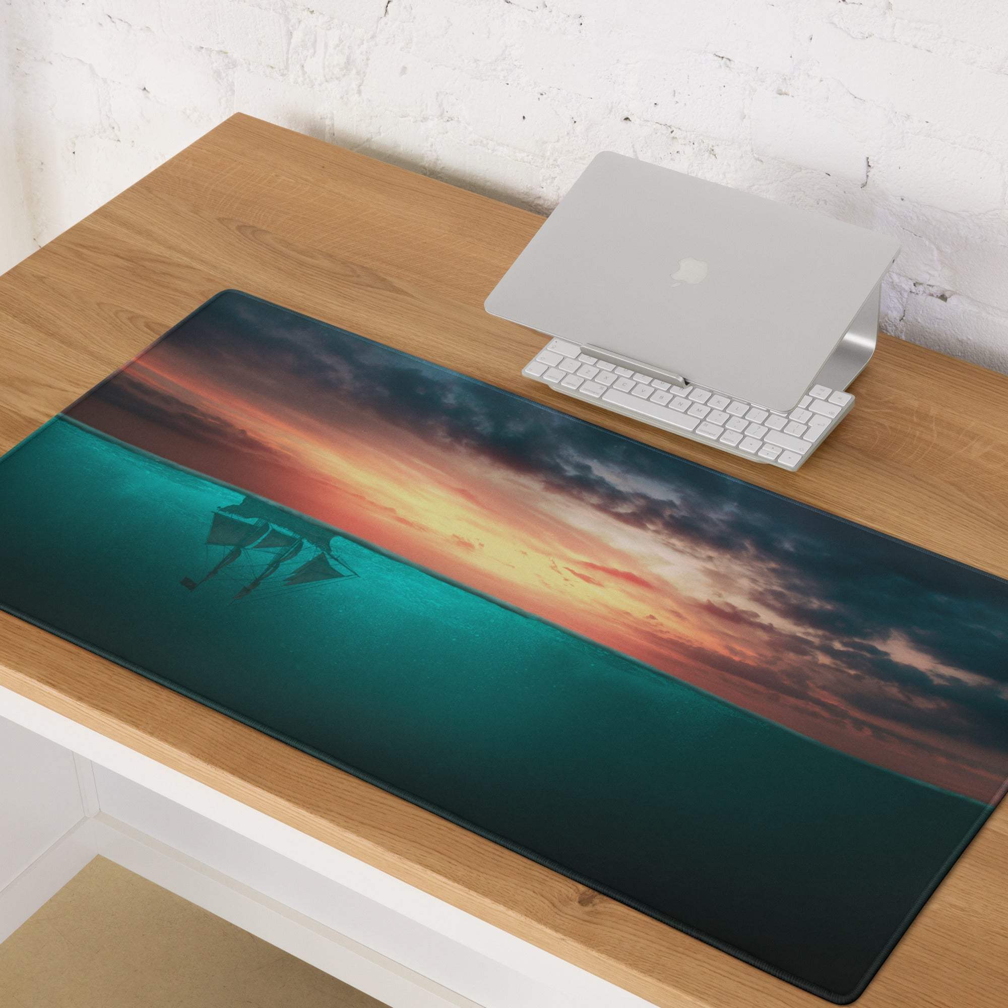 Epic Ocean Sunset sailboat silhouette gaming mousepad with teal edge stitching