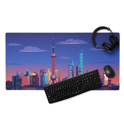 Vibrant Shanghai skyline dusk gaming mouse pad with non-slip base
