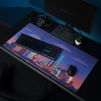 Vibrant city skyline evening gradient gaming mouse pad with non-slip base