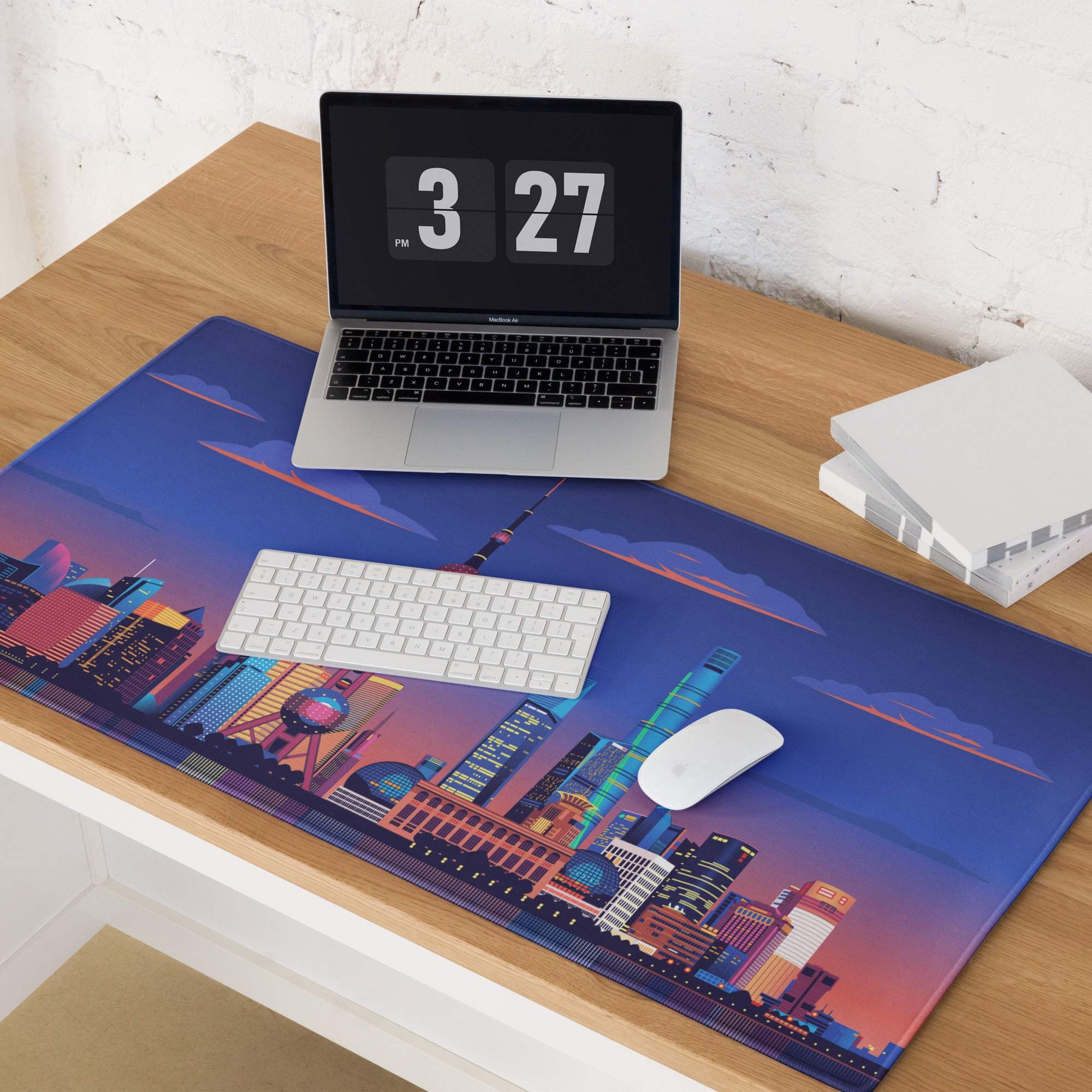 Vibrant blue purple city skyline gaming mousepad with non-slip base
