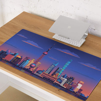 Vibrant Shanghai skyline gaming mousepad with twilight gradient, non-slip base