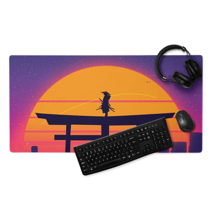 Vibrant retro-futuristic Sunset Neon Torii Gate gaming mouse pad with samurai silhouette