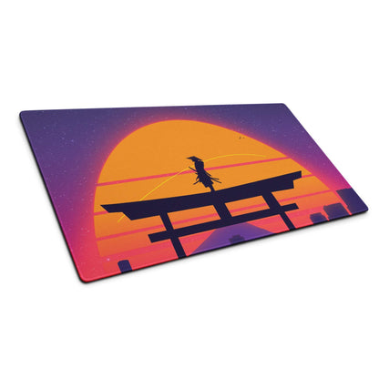 Vibrant retro sunset neon torii gate silhouette on glossy gaming mouse pad