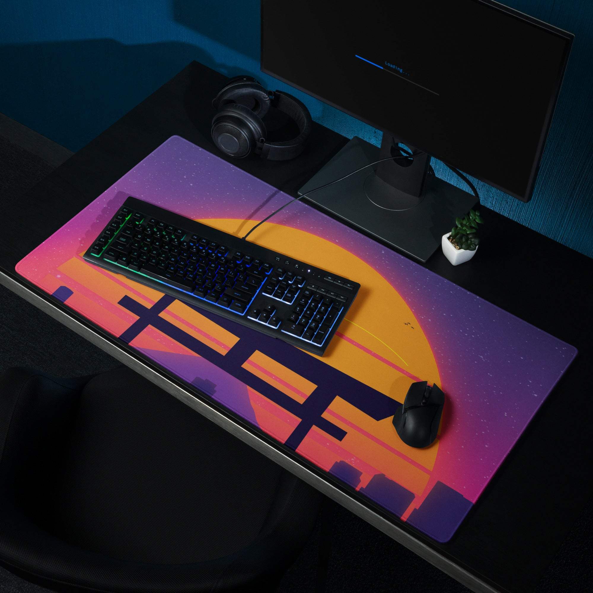 Vibrant sunset neon torii gate large gaming mousepad with non-slip backing